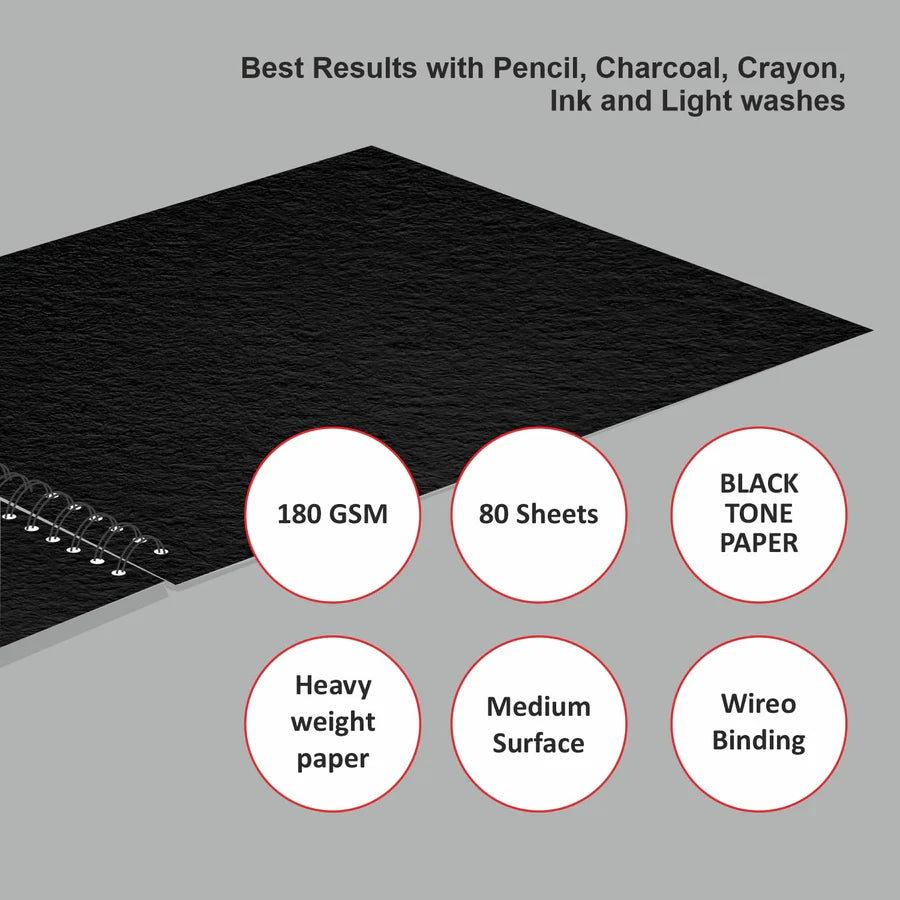 Black notebook with text and icons detailing its features on a gray background