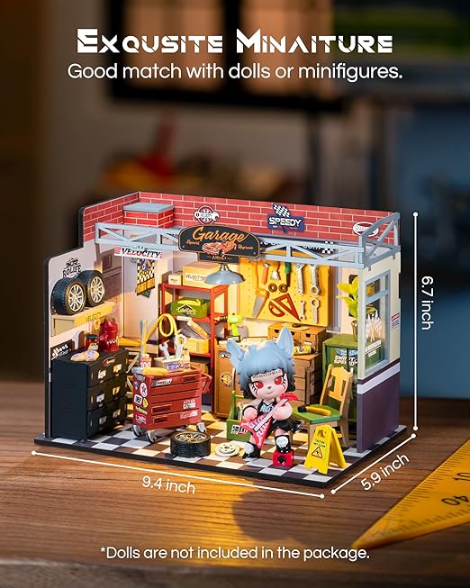 Exquisite miniature garage model with measurements and text on a wooden surface.
