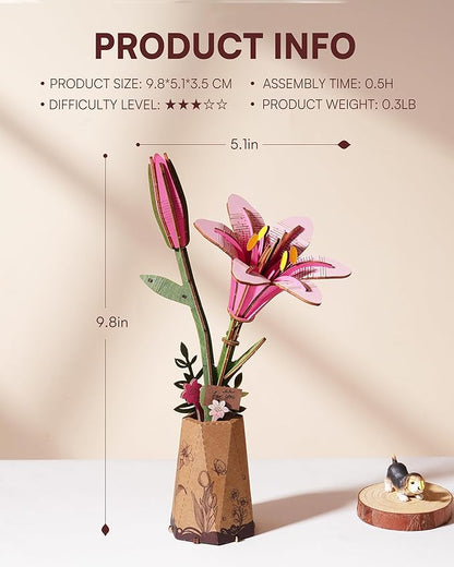 Product information for a decorative flower arrangement with dimensions and assembly details on a beige background.