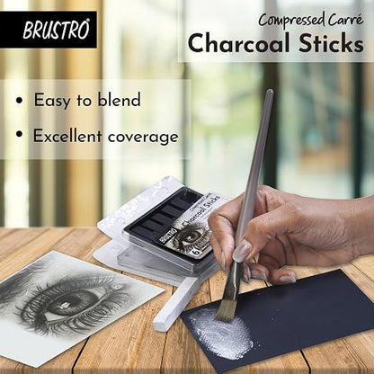 Brustro Compressed Charcoal Sticks - Set of 6 (5 Black & 1 White Stick)