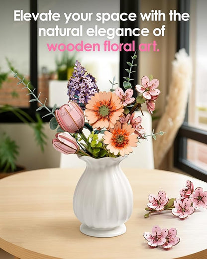 Floral arrangement in a white vase on a table with text promoting wooden floral art.