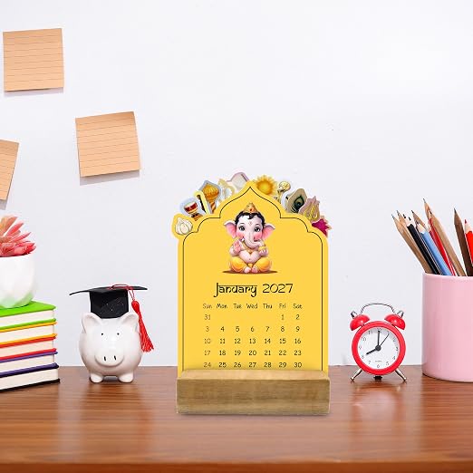 A5 2027 Hindu God Desk Calendar | 12-Month Religious Goddess Illustrations | Table Calendar with Wooden Stand