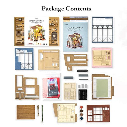 Package contents of a dollhouse kit with various parts and accessories on a white background.