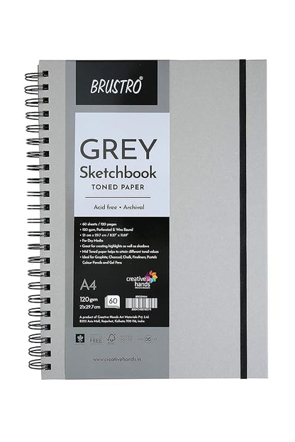 Brustro Toned Paper - Grey Sketchbook | A4,6X6| 120 GSM | Wiro Bound