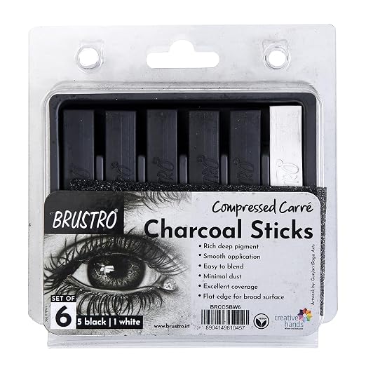 Brustro Compressed Charcoal Sticks - Set of 6 (5 Black & 1 White Stick)