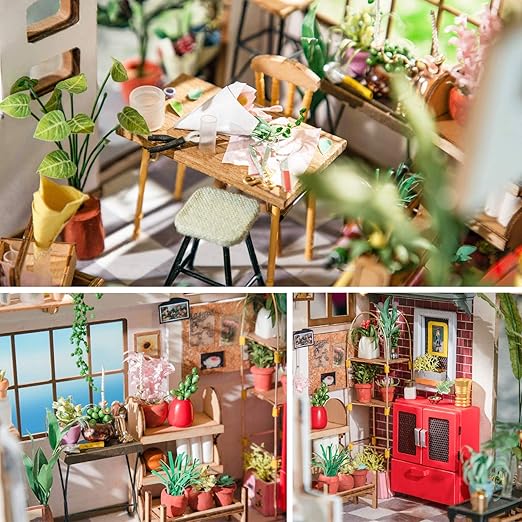 Collage of a miniature room setup with furniture and plants.