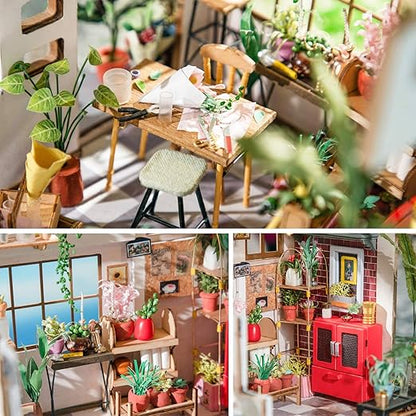 Collage of a miniature room setup with furniture and plants.