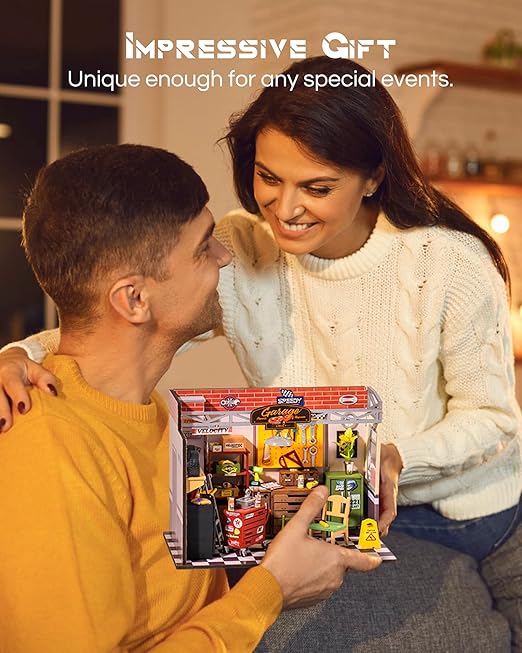 Man and woman looking at a toy set together, with text 'Impressive Gift' above.
