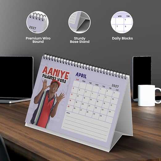 Table Top Calendar | Vadivel Meme Desk Calendar for Office & Home Decor |300 GSM Wiro-Bound
