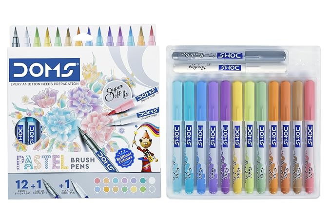 Doms Pastel Brush Pens (14 Shades | 12 + 1 + 1) (Pack of 1), Multicolor