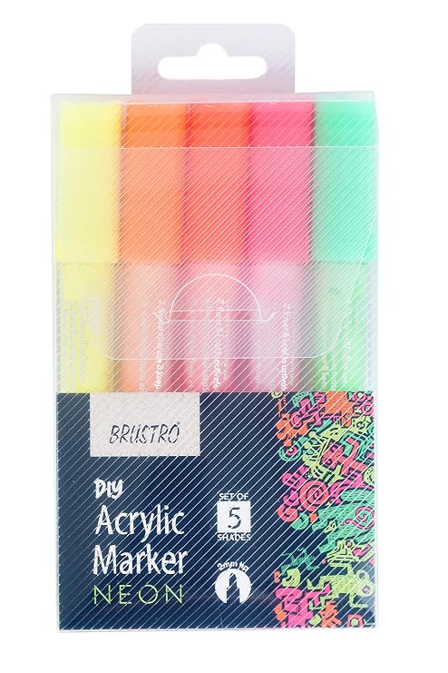 Brustro Acrylic (DIY) Marker Neon | Set of 5 (Fluorescent Shades) |Tip Size - 2MM