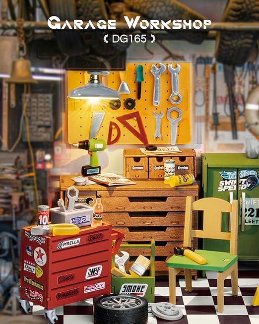 Toy garage workshop set with tools and furniture on a checkered floor.