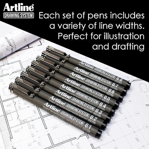 Artline Drawing System Pen Pack of 6 | Black Colour - 0.1mm, 0.2mm, 0.3mm, 0.5mm, 0.05mm, 0.8mm Fine Tips | Technical Drawing Pens For Drafting, Illustrating