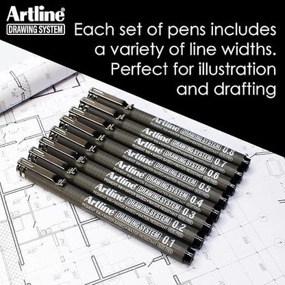 Artline Drawing System Pen Pack of 6 | Black Colour - 0.1mm, 0.2mm, 0.3mm, 0.5mm, 0.05mm, 0.8mm Fine Tips | Technical Drawing Pens For Drafting, Illustrating