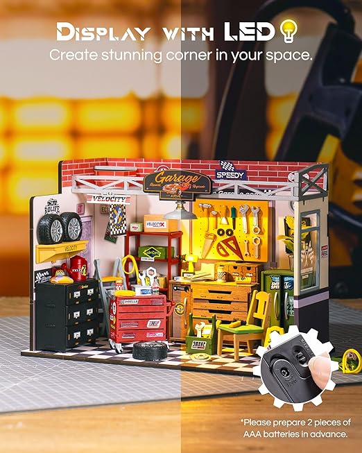 Toy garage set with LED display feature on a wooden floor.