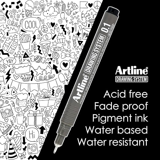 Artline Drawing System Pen Pack of 6 | Black Colour - 0.1mm, 0.2mm, 0.3mm, 0.5mm, 0.05mm, 0.8mm Fine Tips | Technical Drawing Pens For Drafting, Illustrating