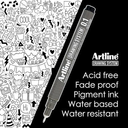 Artline Drawing System Pen Pack of 6 | Black Colour - 0.1mm, 0.2mm, 0.3mm, 0.5mm, 0.05mm, 0.8mm Fine Tips | Technical Drawing Pens For Drafting, Illustrating
