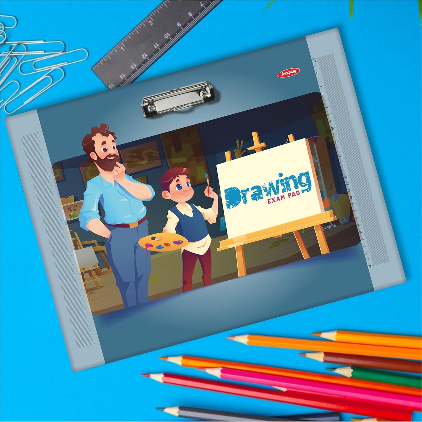 Tracing light pad with cartoon illustration of a teacher and student, surrounded by drawing tools on a blue background.