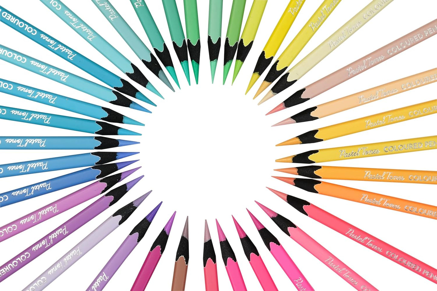 Colorful pencils arranged in a circular pattern on a white background