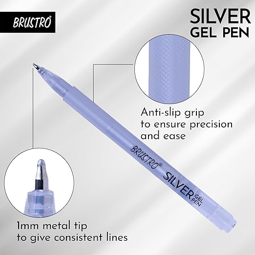 Brustro silver gel pen with close-up details on a light gray background