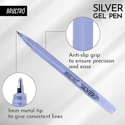 Brustro silver gel pen with close-up details on a light gray background