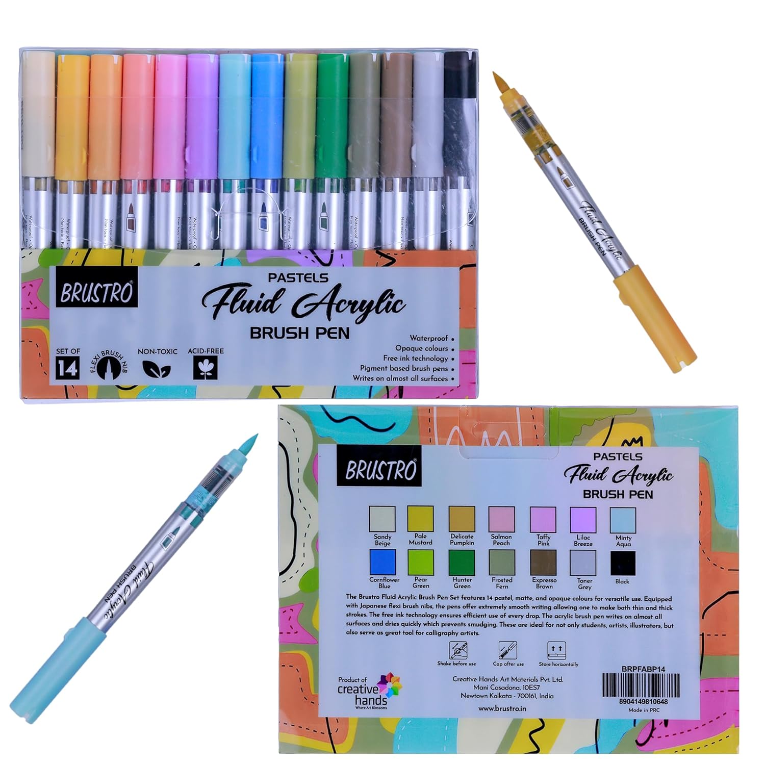 Brustro pastel fluid acrylic brush pens with packaging on a white background