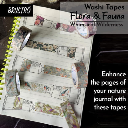 Washi tapes with floral and nature-themed designs on a notebook page, featuring the brand 'BRUSTRO'.