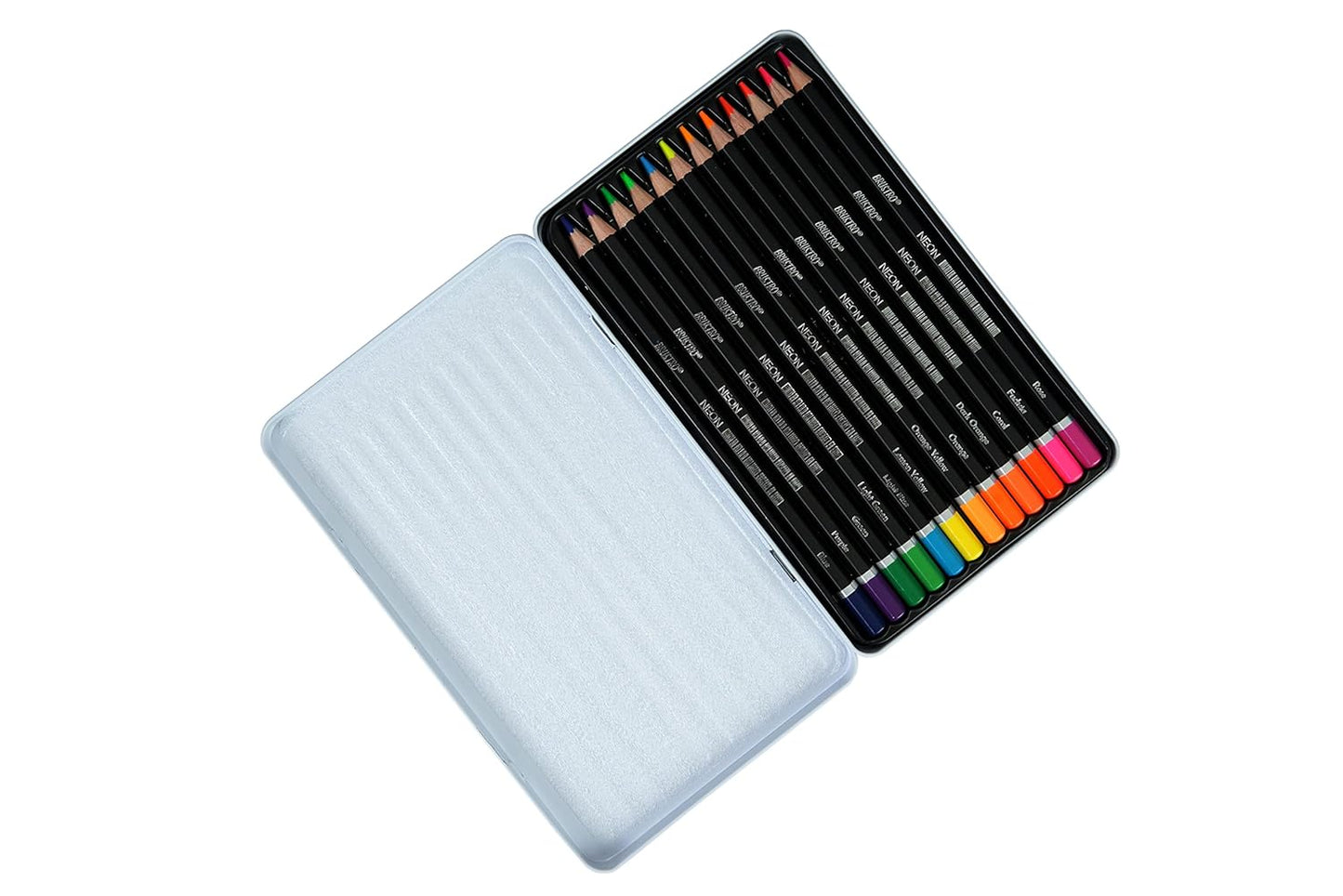 Set of colored pencils in a metal case on a white background