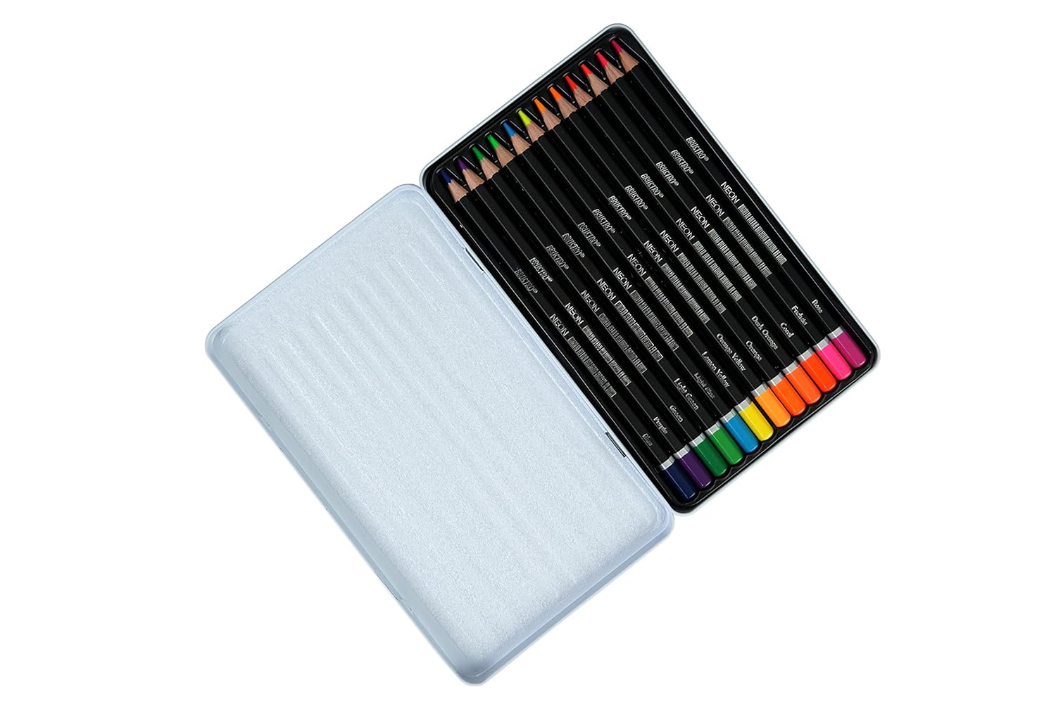 Set of colored pencils in a metal case on a white background