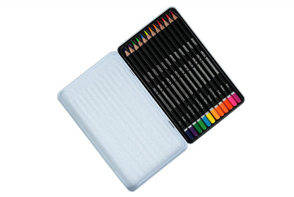 Set of colored pencils in a metal case on a white background