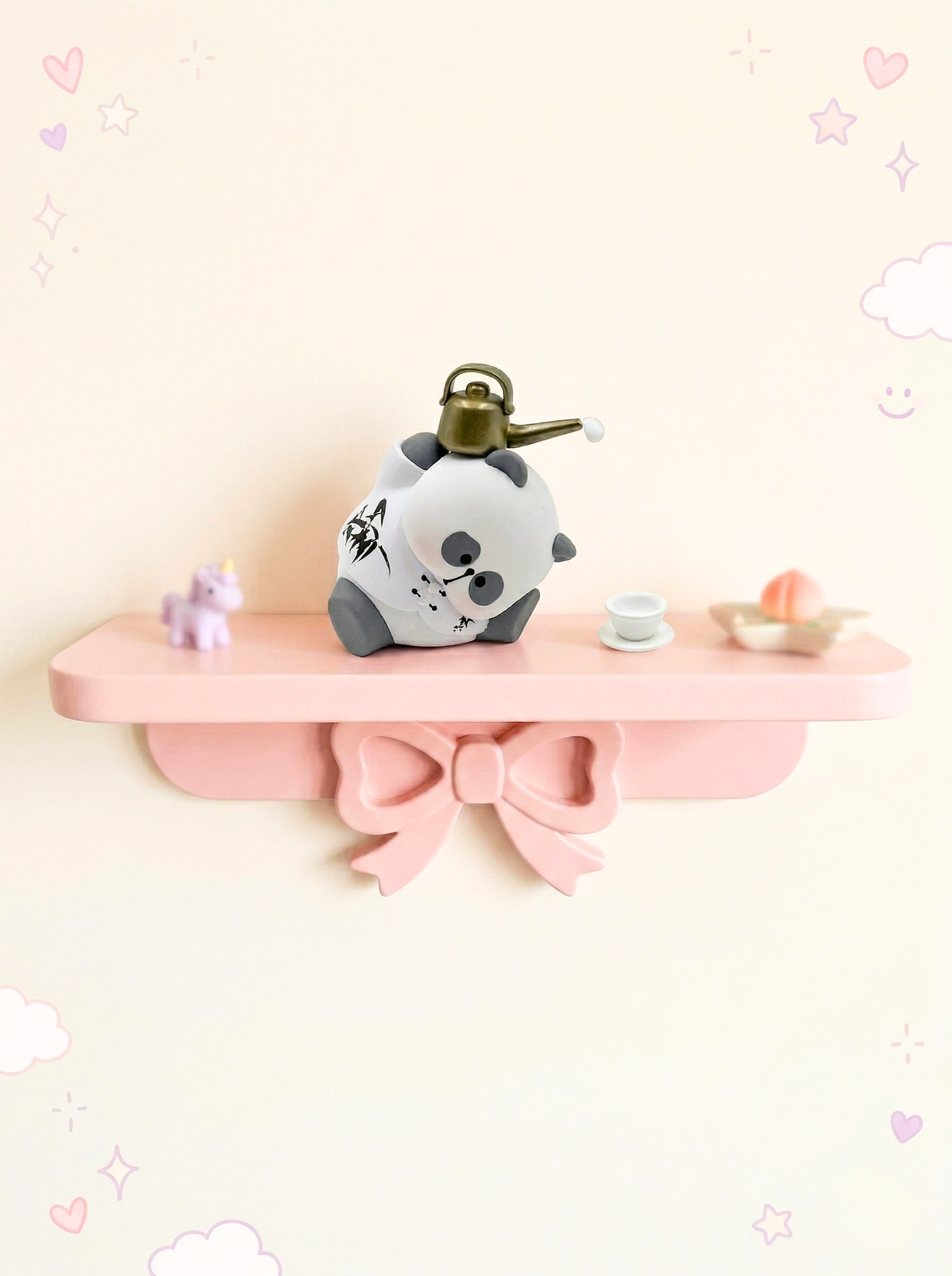 Decorative shelf with a panda figurine on a light pink background