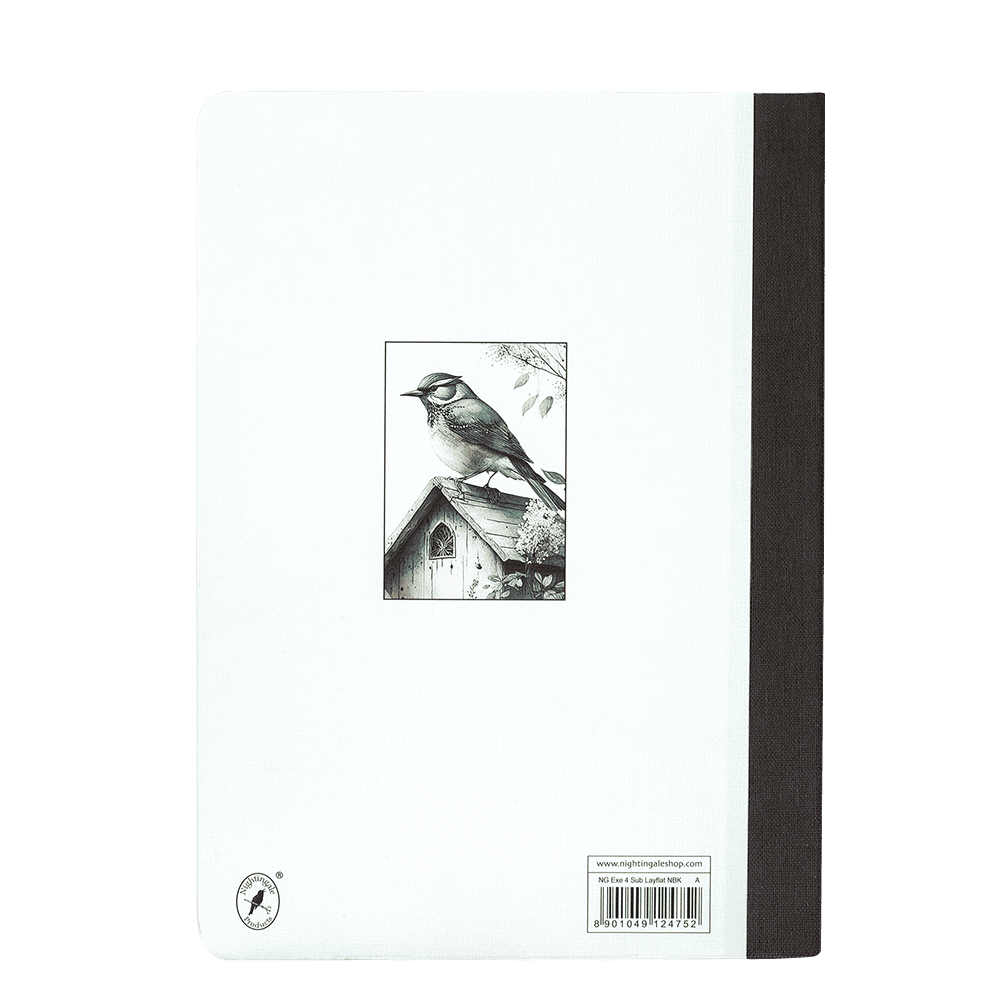 Notebook with a black and white illustration of a bird on the cover against a green background
