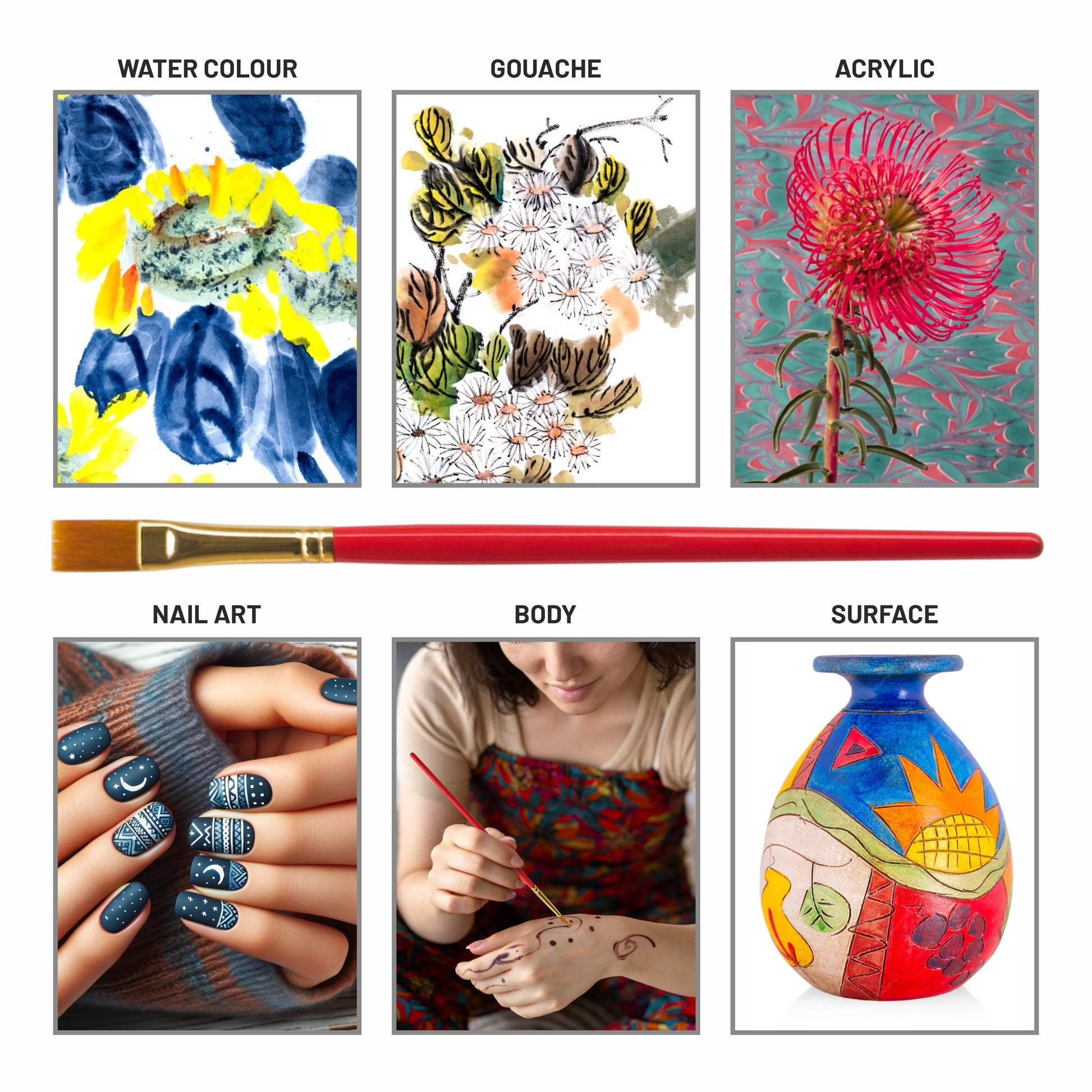 Collage of art styles including watercolor, gouache, acrylic, nail art, body art, and surface art with a red paintbrush.
