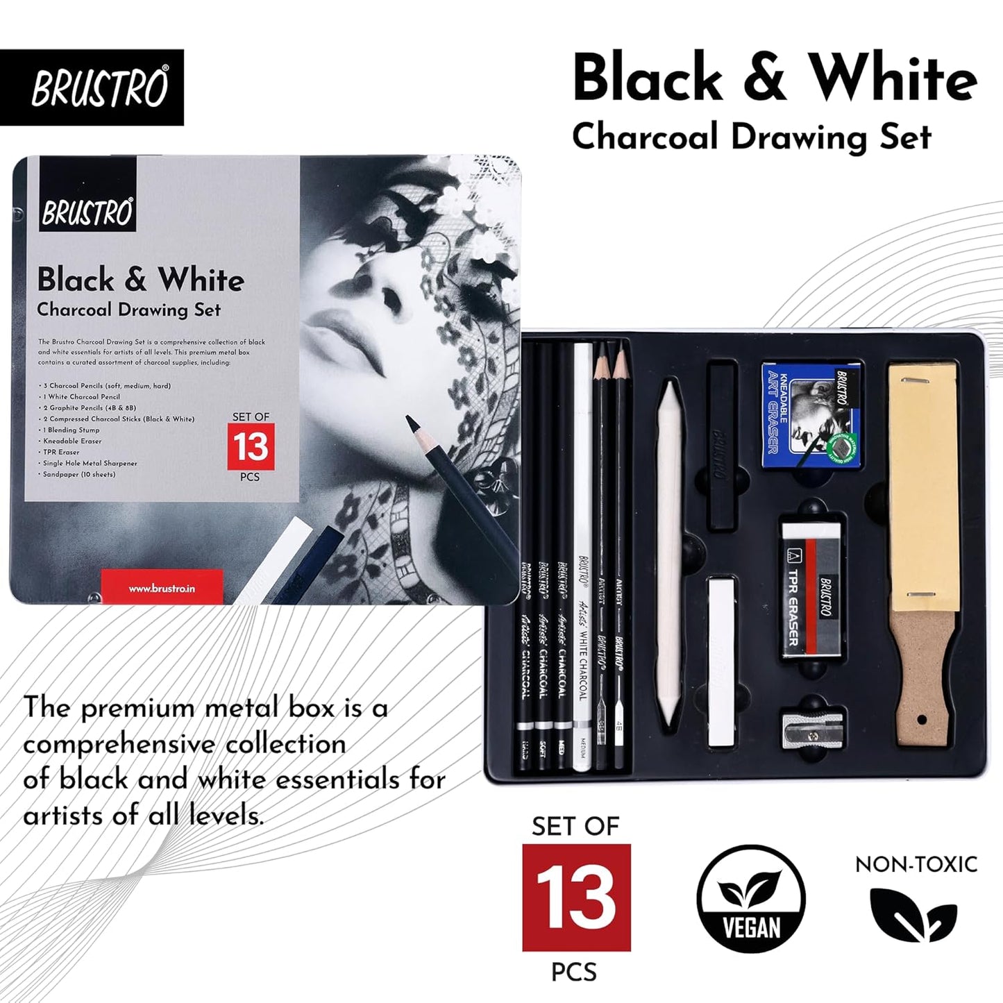 Brustro Black & White Charcoal Drawing Set with packaging on a white background