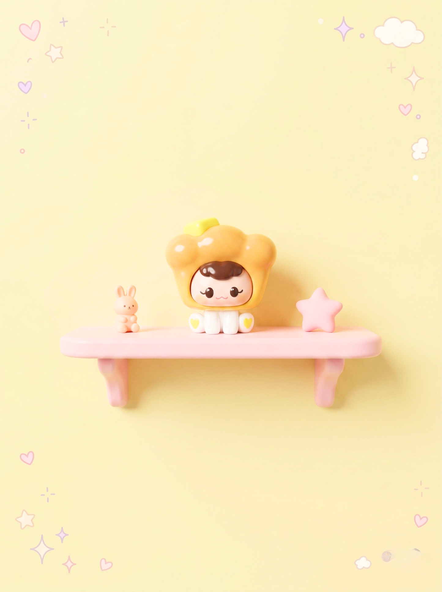 Small figurine on a pink shelf against a yellow background with decorative elements.