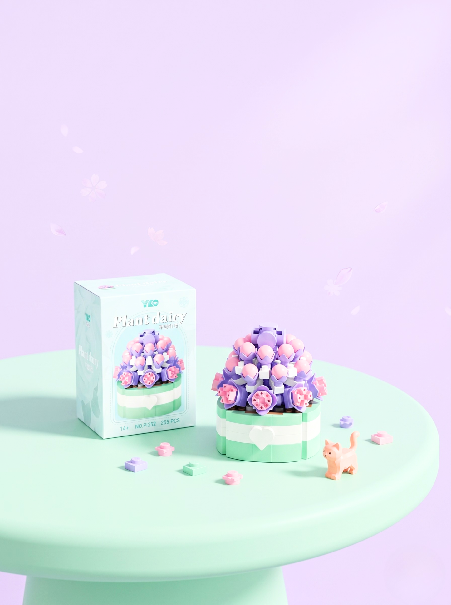 Pastel-colored decorative item with packaging on a light green surface and light purple background