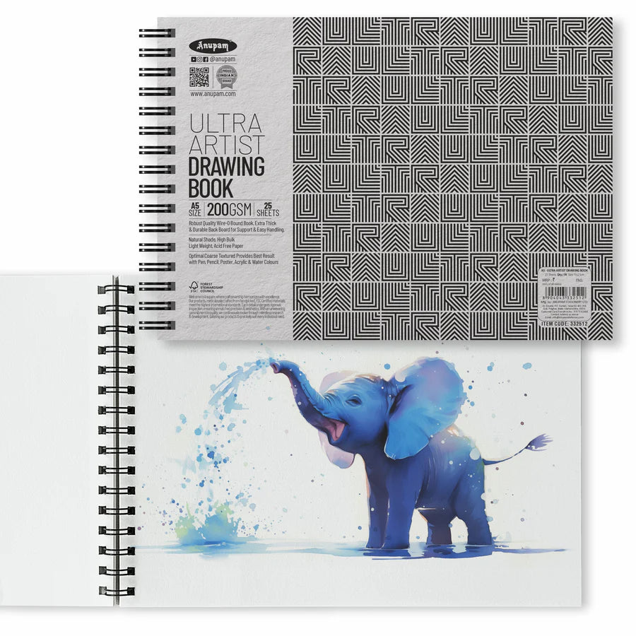 Drawing book with a blue elephant illustration on the cover
