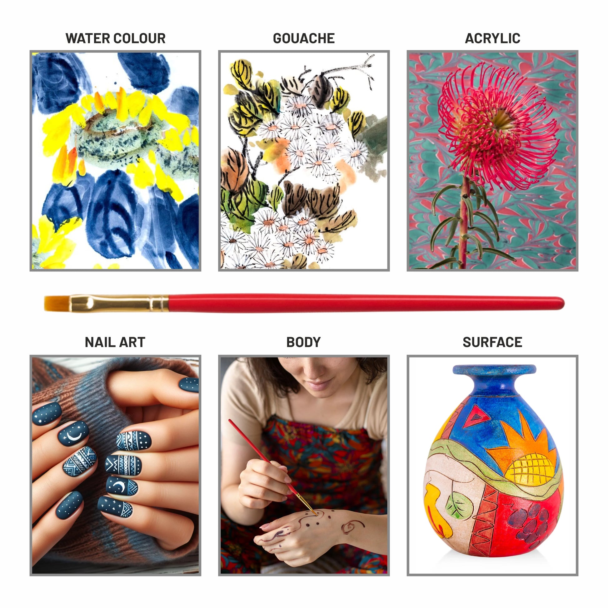 Comparison of watercolor, gouache, acrylic, nail art, body art, and surface art with a red paintbrush.