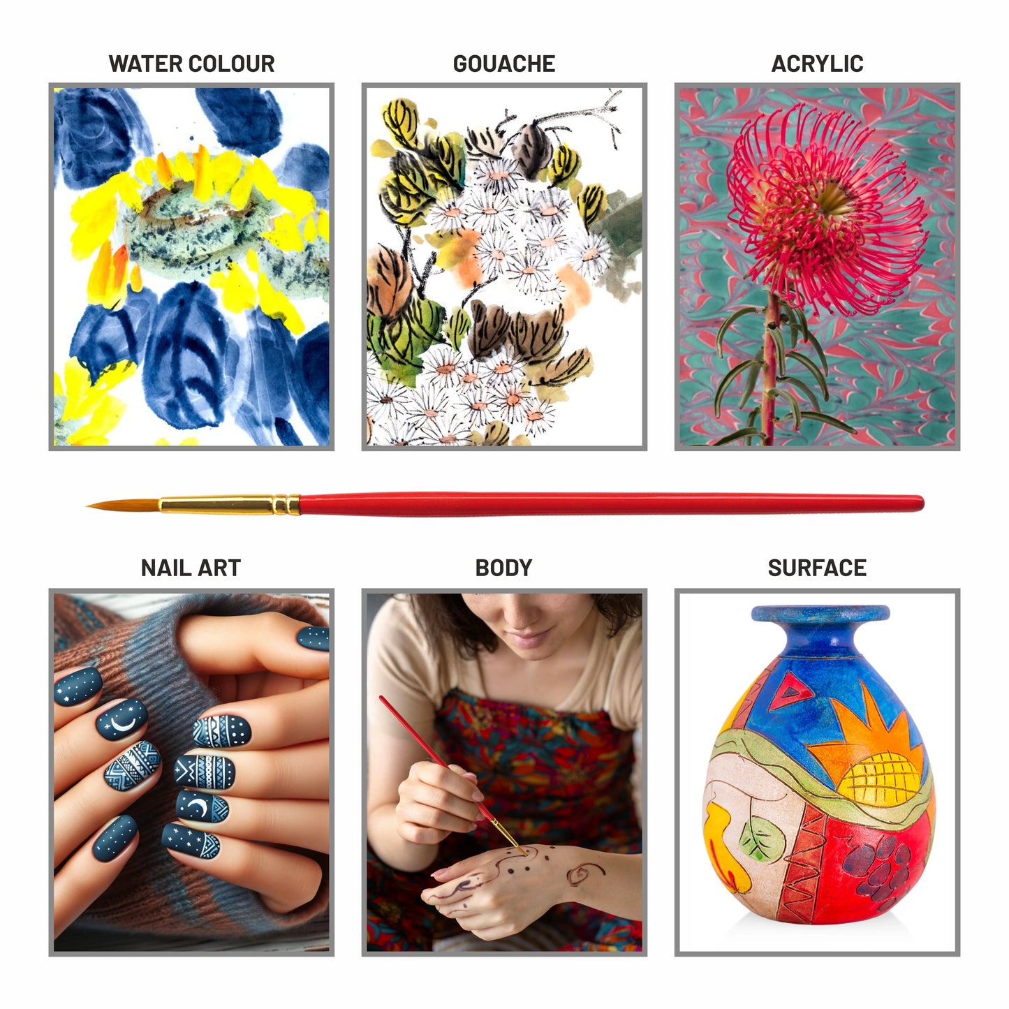 Collage of art styles including watercolor, gouache, acrylic, nail art, body art, and surface art with a red paintbrush.