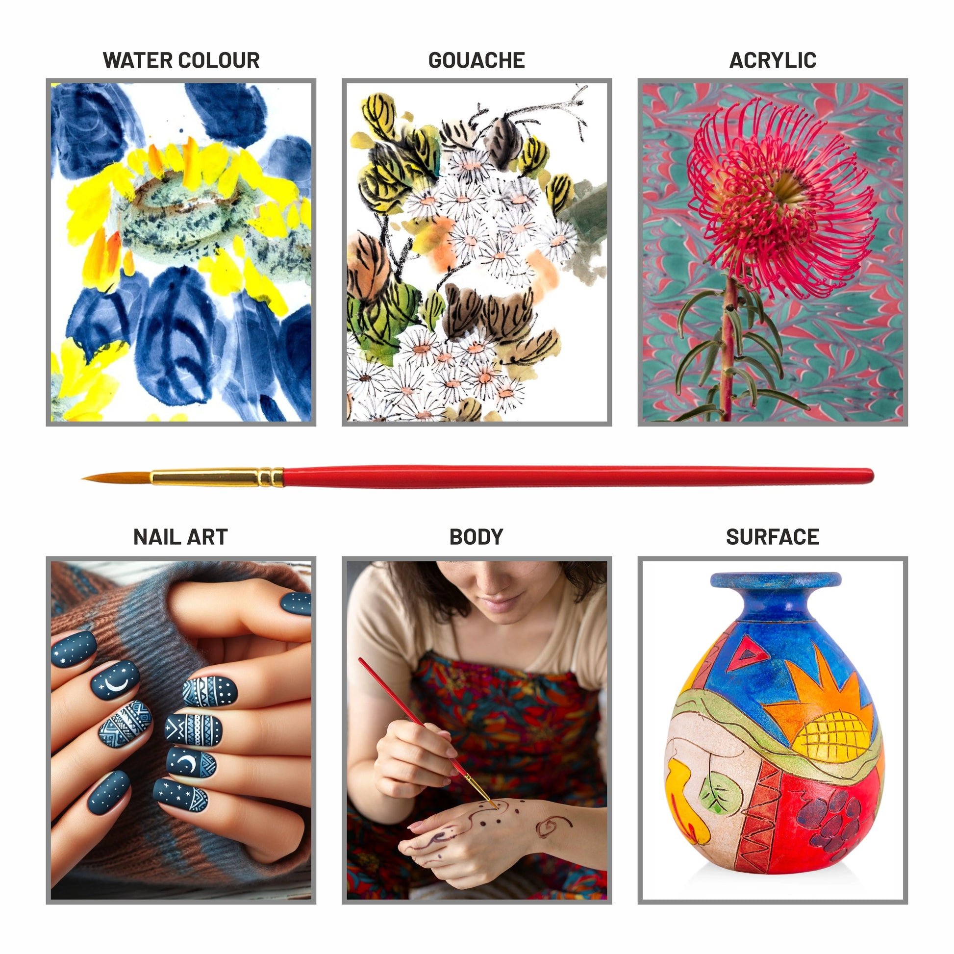 Collage of art styles including watercolor, gouache, acrylic, nail art, body art, and surface art with a red paintbrush.