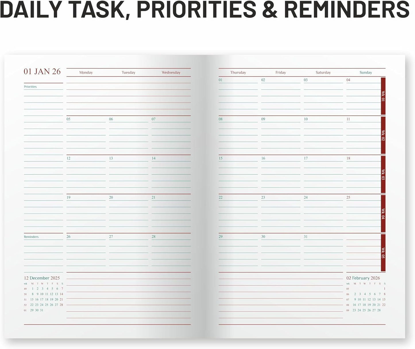 Open daily task, priorities, and reminders planner with a white background