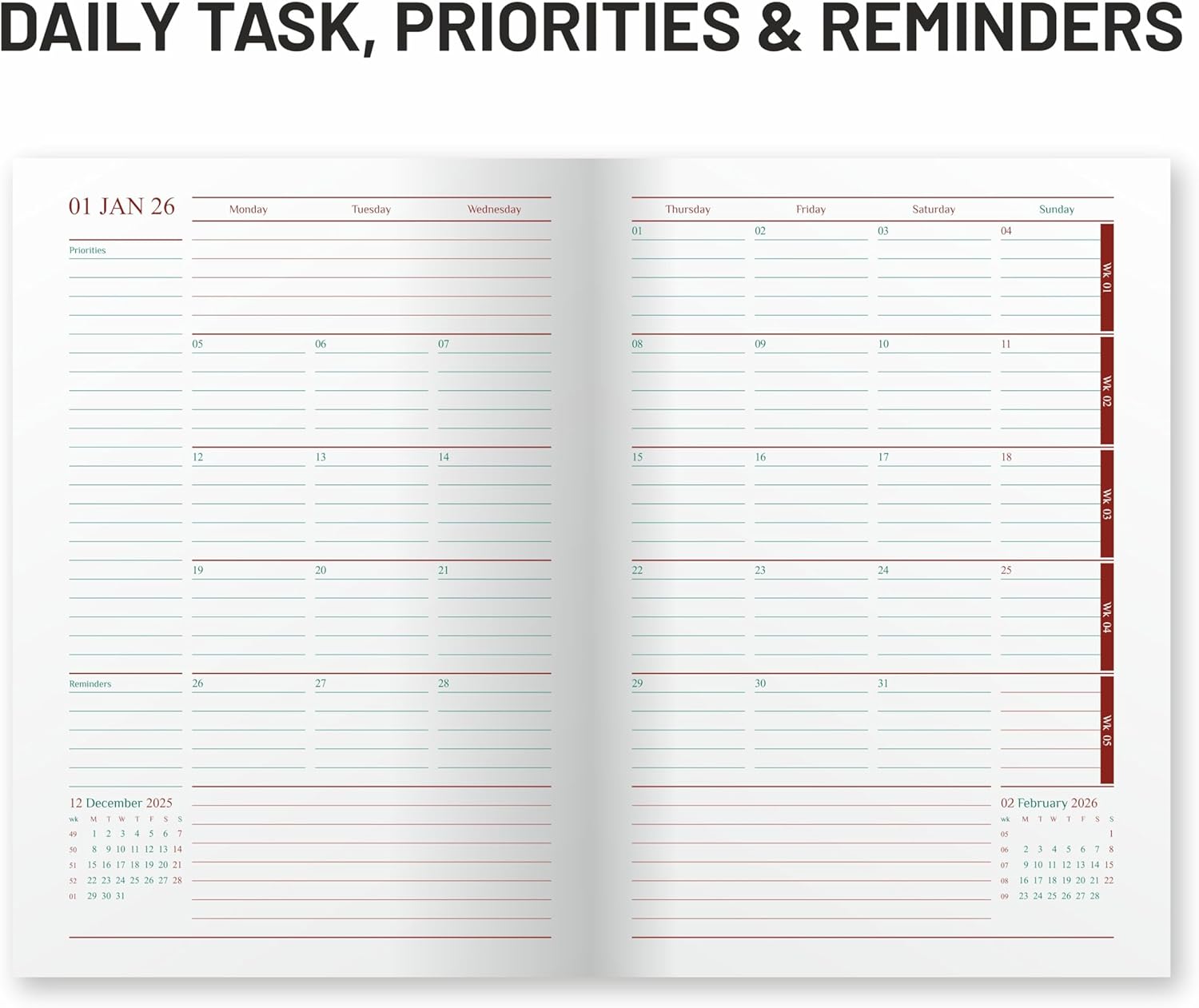 Open daily task, priorities, and reminders planner with a white background