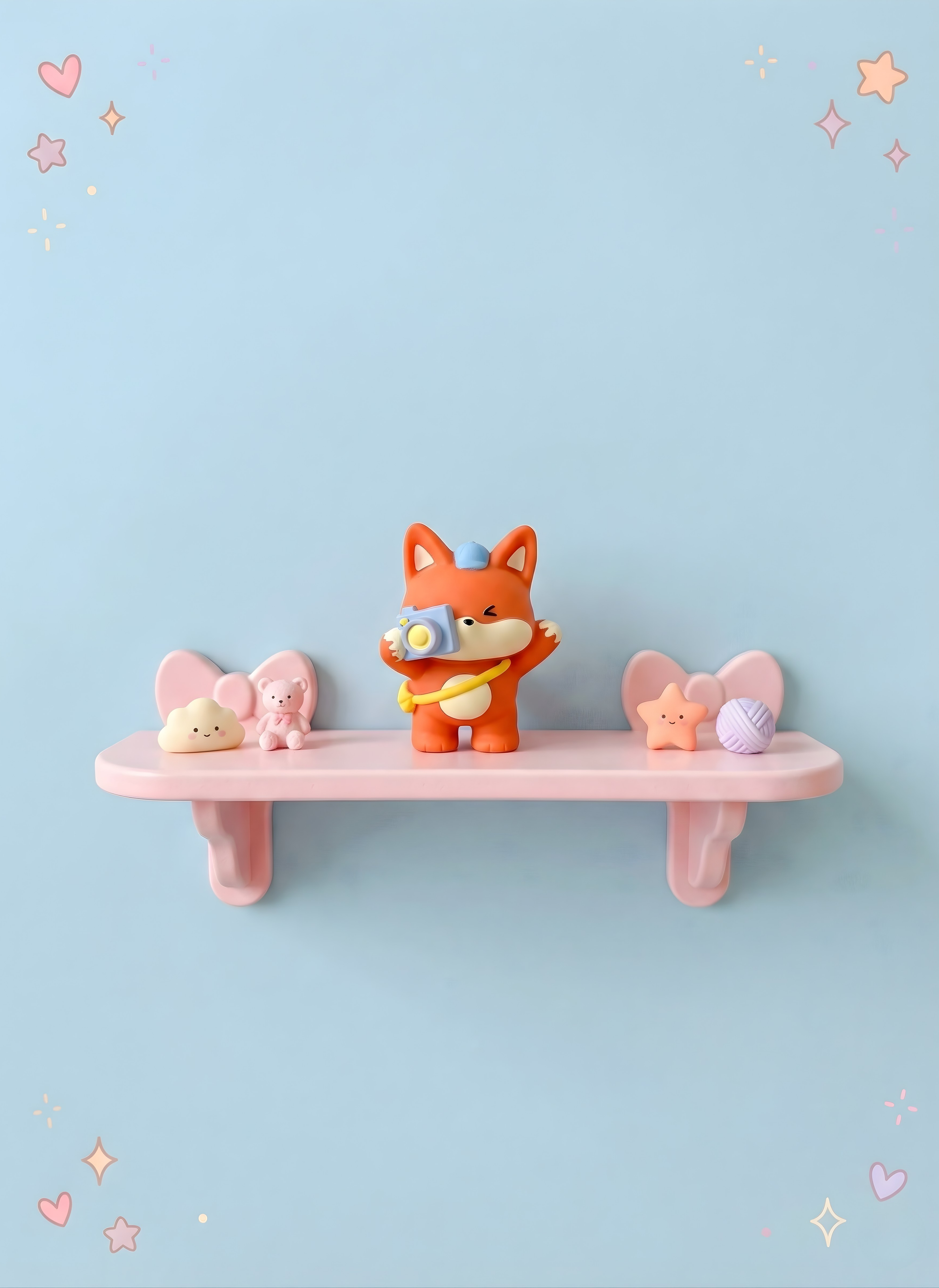 Pink shelf with a cartoon fox figurine and two small animal figurines against a light blue background.