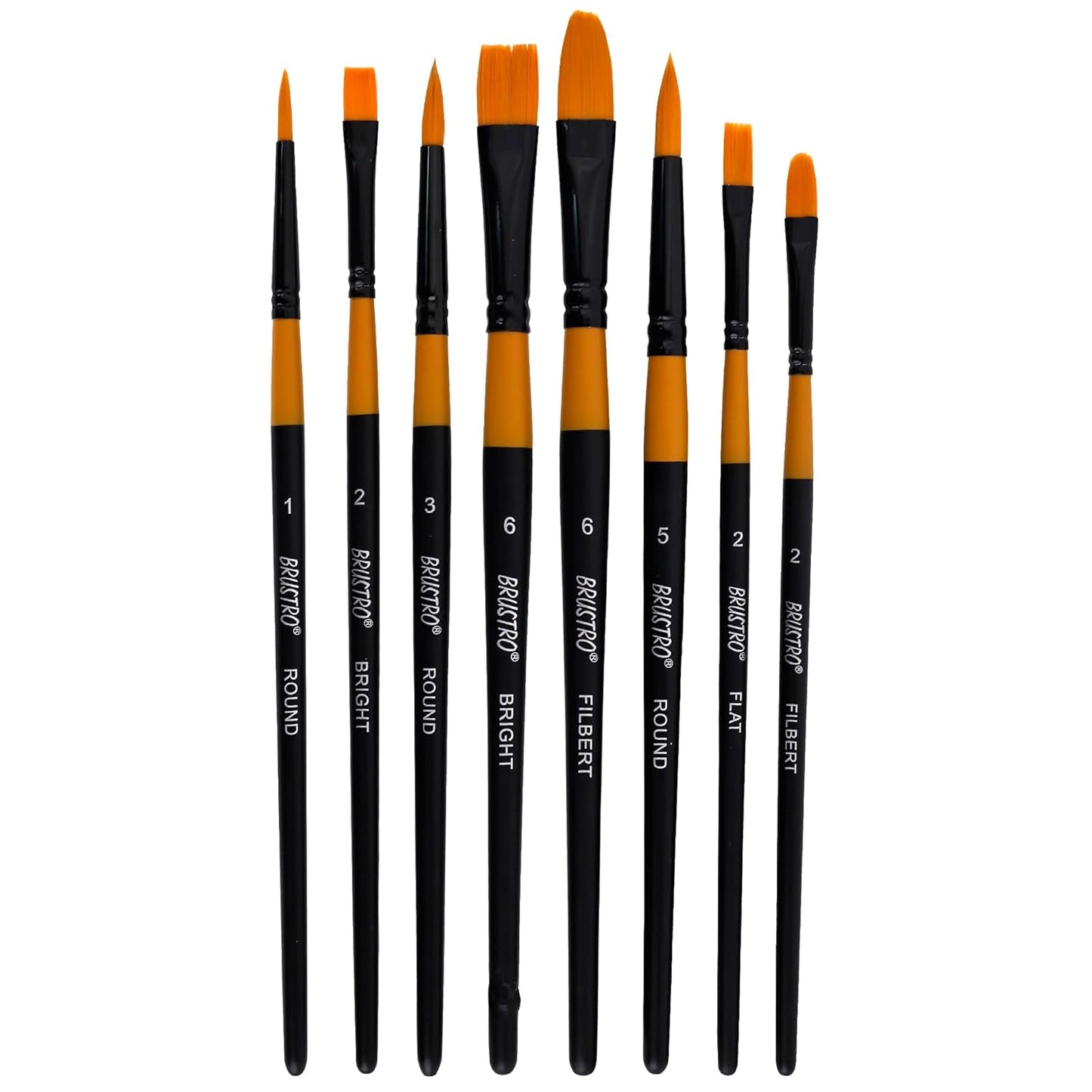 Set of black and orange paintbrushes with size labels on a white background