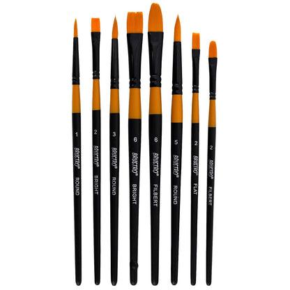 Set of black and orange paintbrushes with size labels on a white background