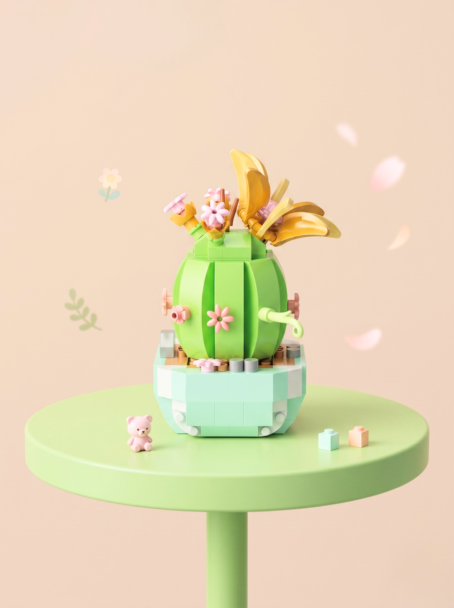 Colorful cactus-shaped toy on a small round table with a light pink background