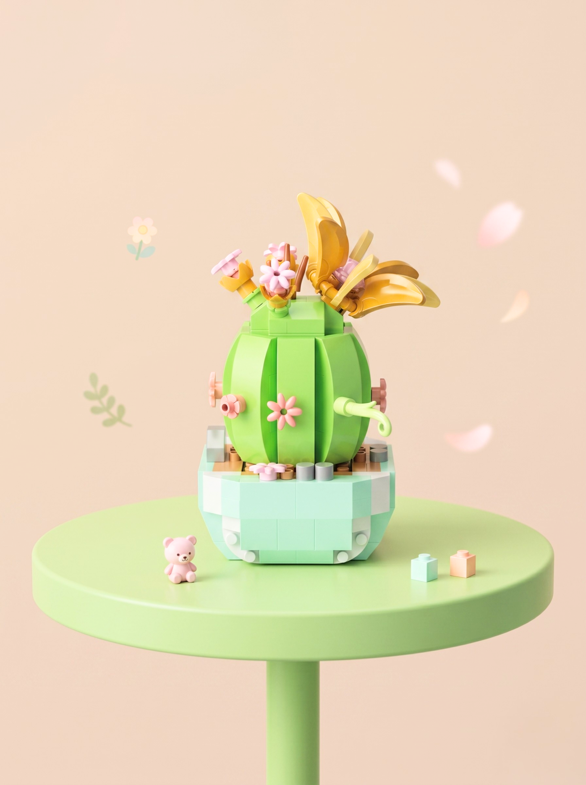 Colorful cactus-shaped toy on a small round table with a light pink background