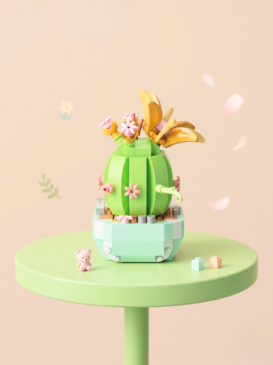 Colorful cactus-shaped toy on a small round table with a light pink background