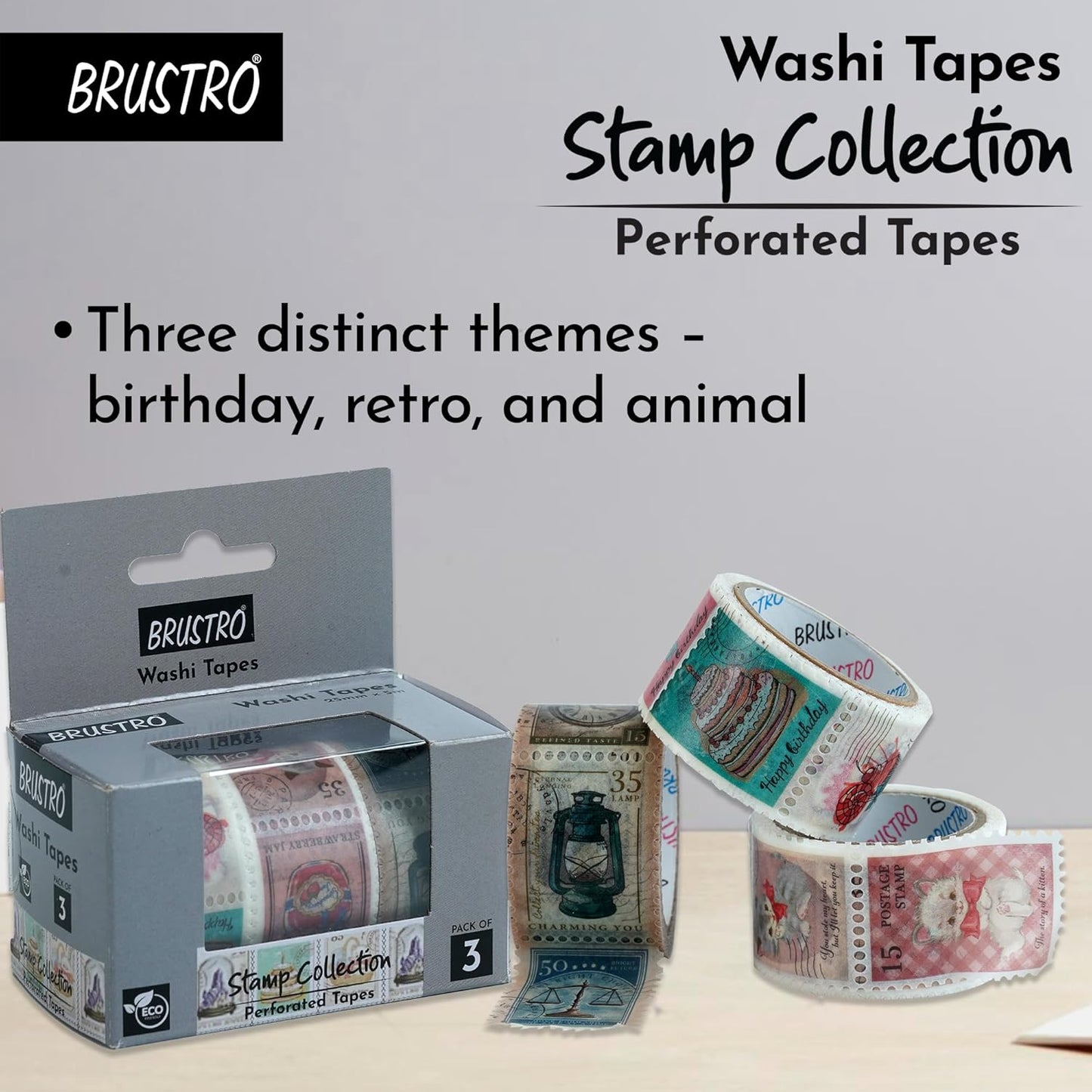 Brustro Washi Tapes Stamp Collection with packaging and tapes on a gray background