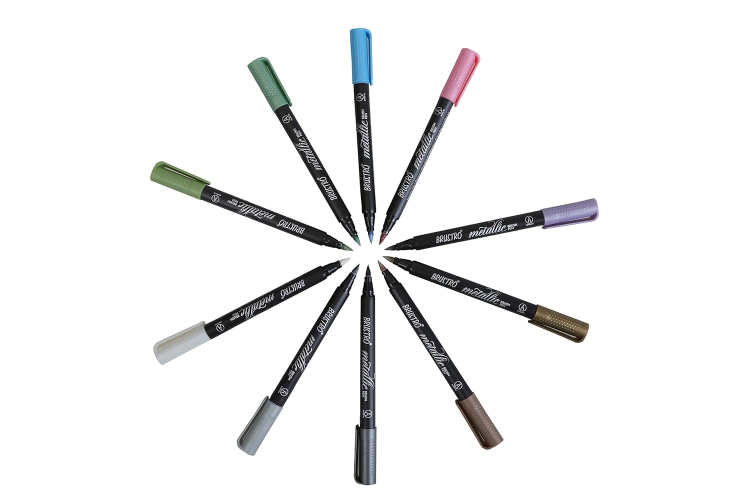 Set of colored markers arranged in a circular pattern on a white background